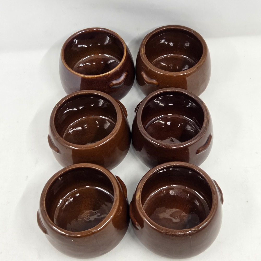 VINTAGE West Bend Individual Bean Pot Crock Stoneware Brown Glaze USA Set of 6